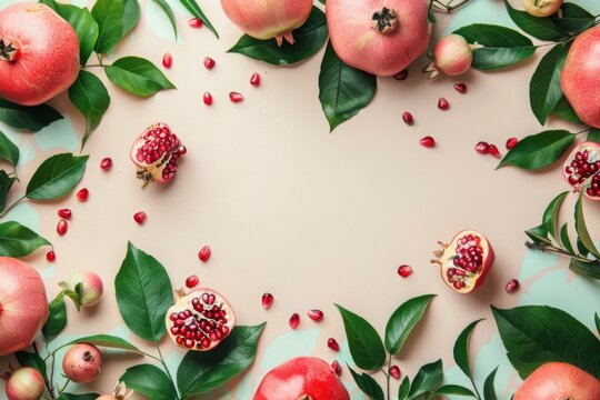 Mockup with pomegranates and branches, free space for text in the middle. Ripe juicy pomegranates, berries and seeds, elegant tree branches with leaves, beige table, top view flat lay.