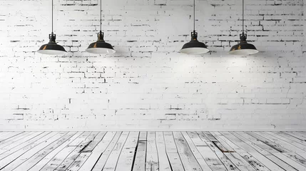 Poster Contemporary Minimalism: Empty Space with White Brick Wall and Pendant Lights © Farnaces