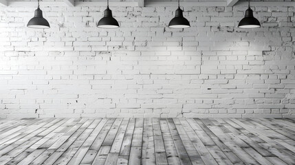 Contemporary Minimalism: Empty Space with White Brick Wall and Pendant Lights