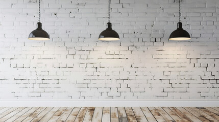 Contemporary Minimalism: Empty Space with White Brick Wall and Pendant Lights - obrazy, fototapety, plakaty