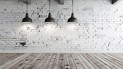 Contemporary Minimalism: Empty Space with White Brick Wall and Pendant Lights - obrazy, fototapety, plakaty
