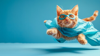A red-haired superhero cat in a suit rushes to the rescue on a blue background. Help in the treatment of mental illness, pain and tension relief, peace and restful sleep. Place for the text - obrazy, fototapety, plakaty