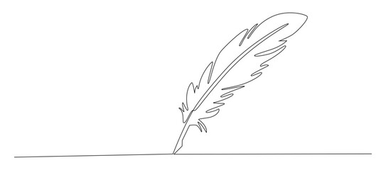 One continuous line drawing of bird feather. Writer and poetry symbol logo in simple linear style. Quill pen in Editable stroke. Doodle outline vector illustration 