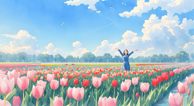 Tulip Field under Blue Sky with Clouds