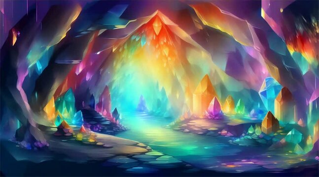 A vibrant illustration depicting a magical crystal cave with a spectrum of luminous crystals.
