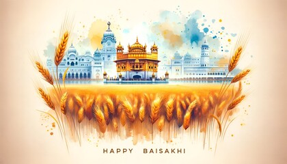 Happy baisakhi card illustration with wheat field and golden temple.