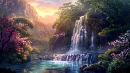 A vibrant painting featuring a grand waterfall cascading down rugged rocks in the midst of a lush forest. The vibrant greenery and the roaring waters create a captivating scene that captures the