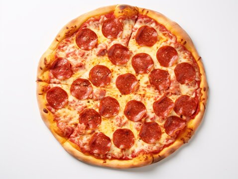 a pepperoni pizza on a white surface