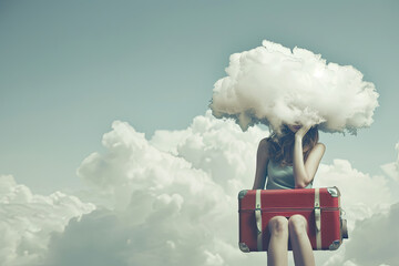Surreal image of a woman traveling curiously with her head in a cloud, concept of mental confusion, escapism, curiosity - obrazy, fototapety, plakaty