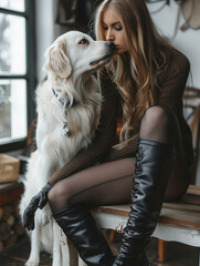 A young beautiful blonde woman wearing leather boots and leggins kissing her dog, a golden retriever dog, sitting next to a window