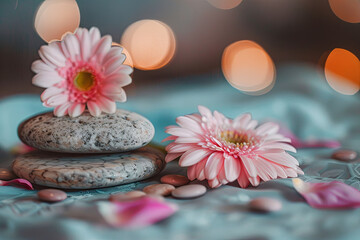 Obraz na płótnie Canvas Massage stones and a pink flower arranged on a table