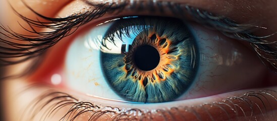 A detailed view of a person's eye with the dark pupil clearly visible against the colorful iris, showing intricate eye details - obrazy, fototapety, plakaty