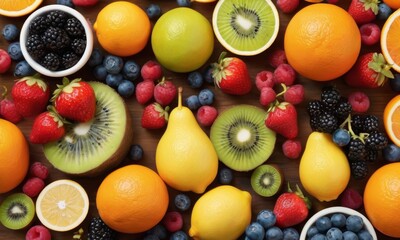 An assortment of citrus fruits and berries, neatly segmented and arranged, offering a feast for the senses with vibrant colors and textures. AI generation