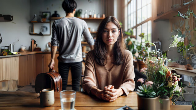 Untitled design - 1a woman sitting at a table in front of a man, a stock photo , trending on shutterstock, institutional critique, stockphoto, stock photo, behance hd