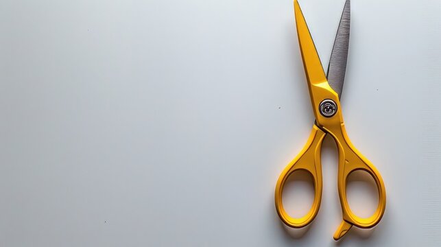 There is a picture of yellow scissors that are separate from everything else on a white background.