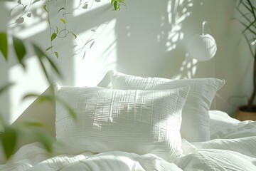 Closeup of a white soft bed pillow arranged on a contemporary bedroom interior in natural daylight. Concept Home Decor, Bedroom Interior, Soft Pillow, Natural Light, Contemporary Style