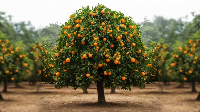 Generative Ai Orange Tree Surrounded By Blurry Orange Trees
