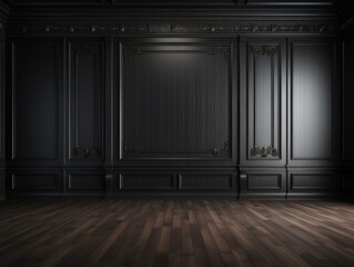 a floor in an empty room with the black wall