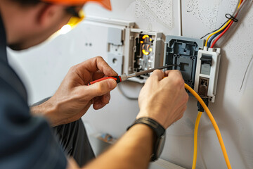 Electrician’s hands with a screwdriver, fixing a socket, concept of repair, renovation, and electricity