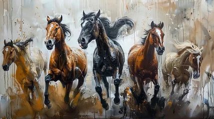 Deurstickers A modern painting with abstract elements, metal elements, a texture background, animals, horses, etc. © Zaleman
