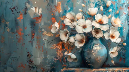 Papier Peint photo autocollant Collage de graffitis Painting, abstract, metal element, texture background, flowers, plants, flowers in a vase.