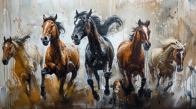Naklejki A modern painting with abstract elements, metal elements, a texture background, animals, horses, etc.