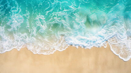 Fototapeta premium Serene Shoreline aerial view: Pristine Sandy Beach Meeting Gentle Turquoise Waves