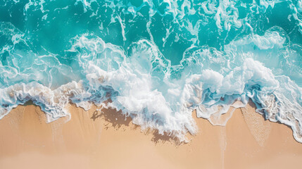Naklejka premium Serene Shoreline aerial view: Pristine Sandy Beach Meeting Gentle Turquoise Waves