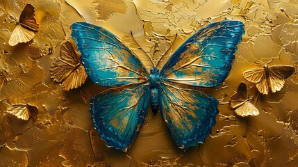 Plakaty  The abstract art prints feature golden grain. Freehand painting on canvas. Brush the paint. Butterfly, modern art. Prints, wallpaper, posters, cards, murals, carpet, hanging, prints.