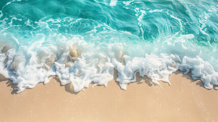 Fototapeta na wymiar Serene Shoreline aerial view: Pristine Sandy Beach Meeting Gentle Turquoise Waves