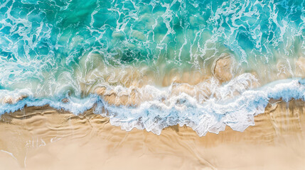 Serene Shoreline aerial view: Pristine Sandy Beach Meeting Gentle Turquoise Waves