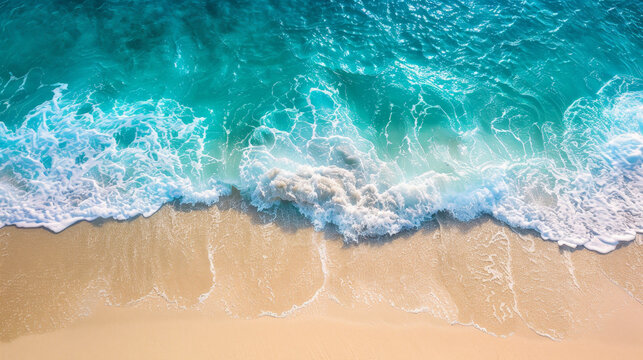 Serene Shoreline aerial view: Pristine Sandy Beach Meeting Gentle Turquoise Waves