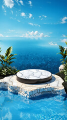 Obraz premium Blue Water Pool Display Background, Water podium, product display scene, marble stand stone summer platform, beauty white podium rock, presentation space cosmetic stage, pool, ad, podium platform