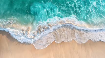 Obraz premium Serene Shoreline aerial view: Pristine Sandy Beach Meeting Gentle Turquoise Waves