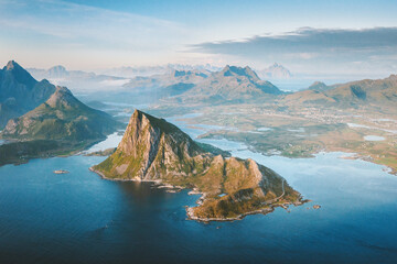 Lofoten islands landscape in Norway rocks and sea aerial view travel destinations scenic northern...