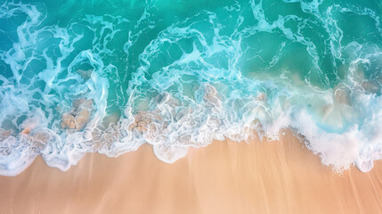 Naklejka premium Serene Shoreline aerial view: Pristine Sandy Beach Meeting Gentle Turquoise Waves