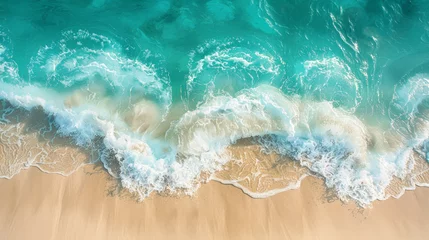 Ingelijste posters Serene Shoreline aerial view: Pristine Sandy Beach Meeting Gentle Turquoise Waves © Farnaces
