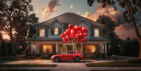  a red-ribboned car landing in front of the house with lots of balloons