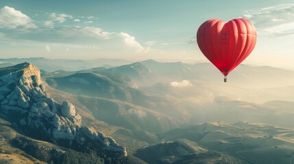 A red heart-shaped balloon gracefully floats above a majestic mountain range, set against a clear blue sky. The vibrant balloon stands out against the rugged peaks of the mountains.