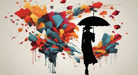 Art silhouette woman with umbrella