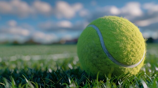 Tennis ball on grass with blue sky background Realistic product photos in high resolution with detailed textures.ai generated.