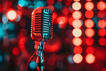 Vibrant red stage microphone with bokeh effect on theatrical backdrop. Concept Bokeh Effect, Red Microphone, Theatrical Backdrop, Vibrant Colors
