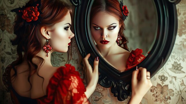 Beautiful woman who sees herself as a devil in her reflection in the mirror