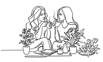 Two girls drinking coffee among flowers and talking isolated on white background. Line art drawing. Vector illustration