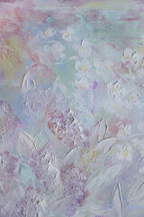 Cherry blossoms and lilac original painting. Vertical white gentle flowers background. Oil paint brush strokes structure.