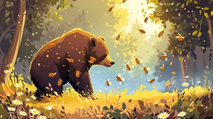 Fotobehang cartoon background. vector illustration. A swarm of bees chasing a bear trying to escape by stealing the bees' honeycomb © xelilinatiq