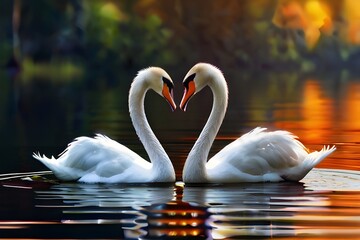 two beautiful swans on a lake shape heart with their long necks and kiss each other. romantic postal card. pc desktop wallpaper background. 16:9, 4k. Generative