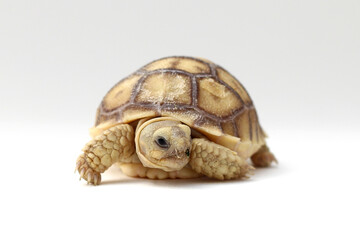 Cute small baby African Sulcata Tortoise in front of white background, African spurred tortoise...