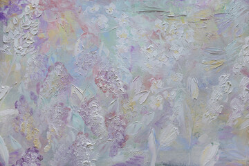 White gentle flowers background. Pastel color painting. Spring charming blossoms.