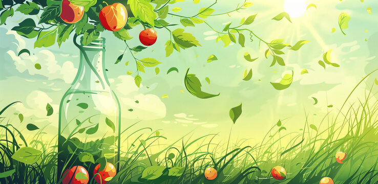 cartoon background. vector illustration. The fruits of the tree growing inside the bottle falling to the ground